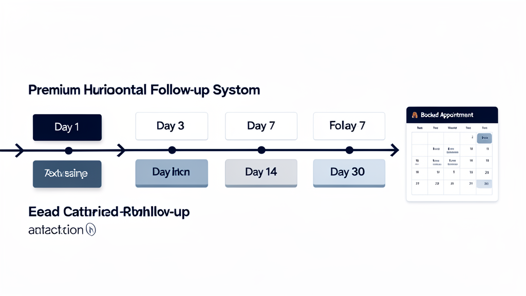 Timeline-style workflow showing automated follow-up messages on day 1, day 3, day 7, day 14, and day 30 ending in a booked appointment.