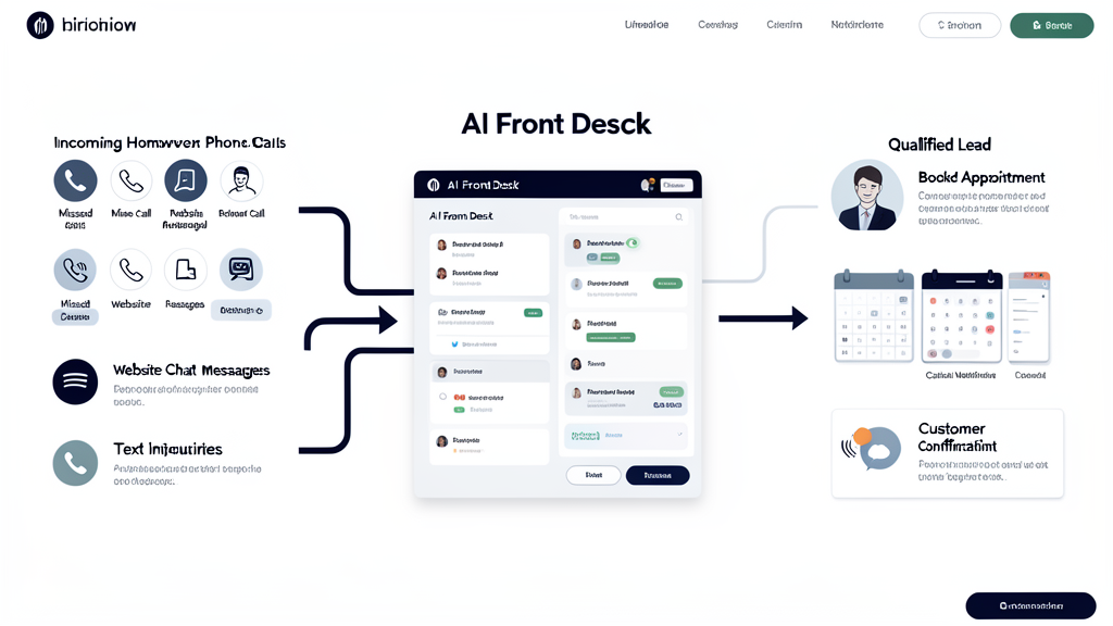 AI front desk workflow showing calls, chats, and texts becoming qualified leads and booked appointments.