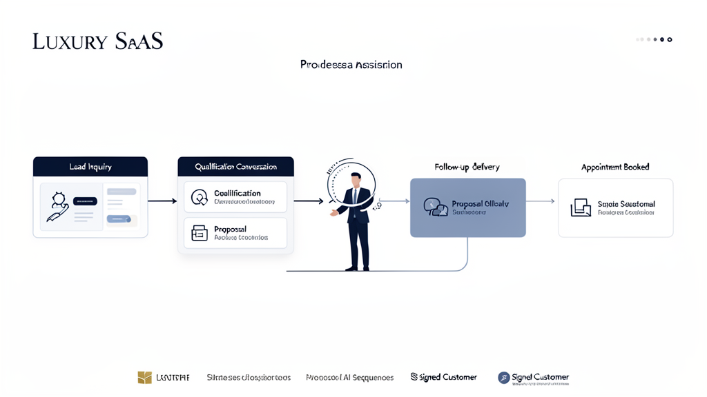Sales workflow showing a prospect moving from inquiry to qualification, proposal, follow-up, booked appointment, and signed customer.