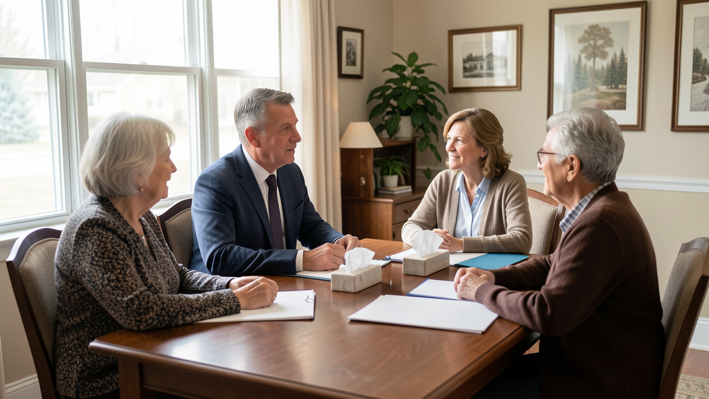 Funeral director meeting with family members in a private planning room.