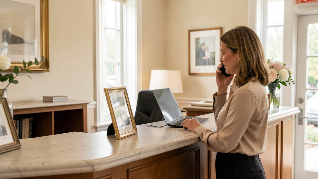 Funeral home receptionist answering an incoming family call at a front desk.