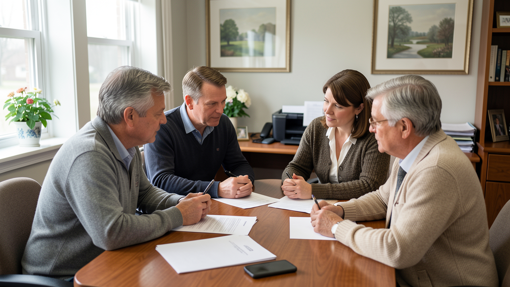 Funeral home office team reviewing inquiries and appointment planning together around a table.