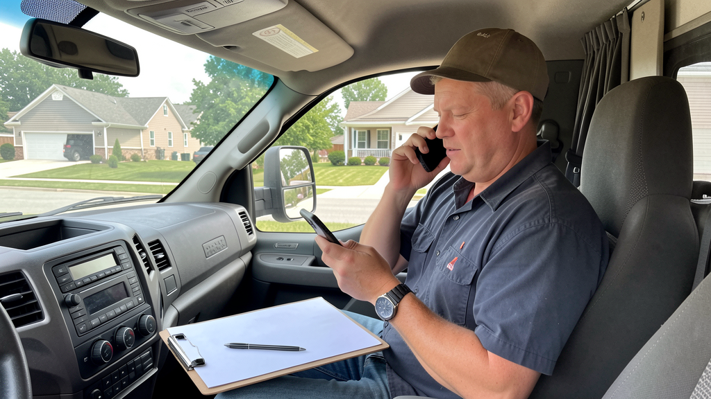 Roofing company owner answering a customer call inside a work truck.