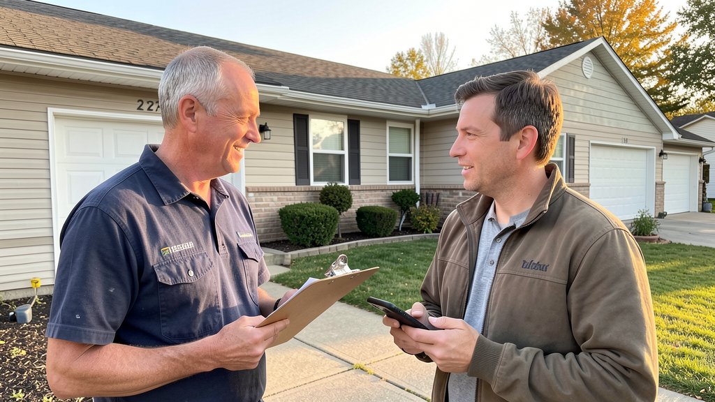 Roofer and homeowner discussing an inspection in front of a suburban home.