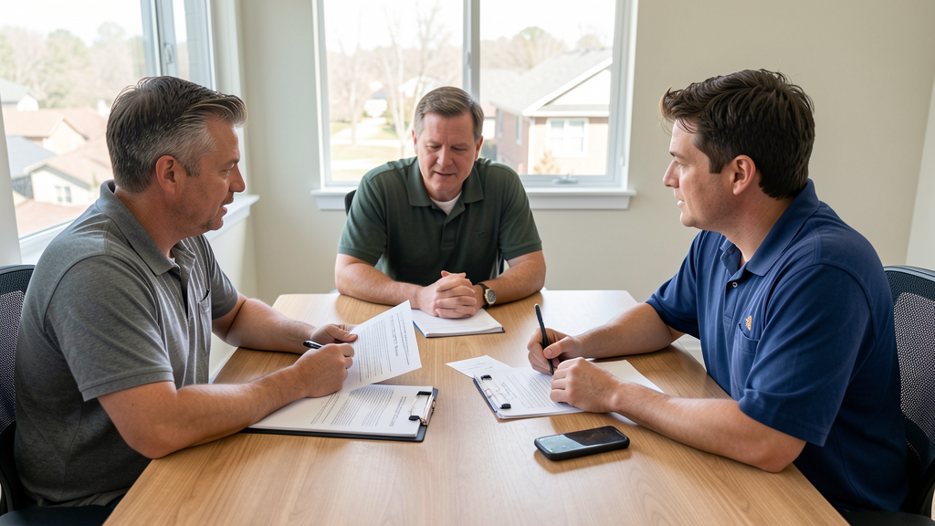 Roofing office team discussing lead handling and growth planning in a small conference room.