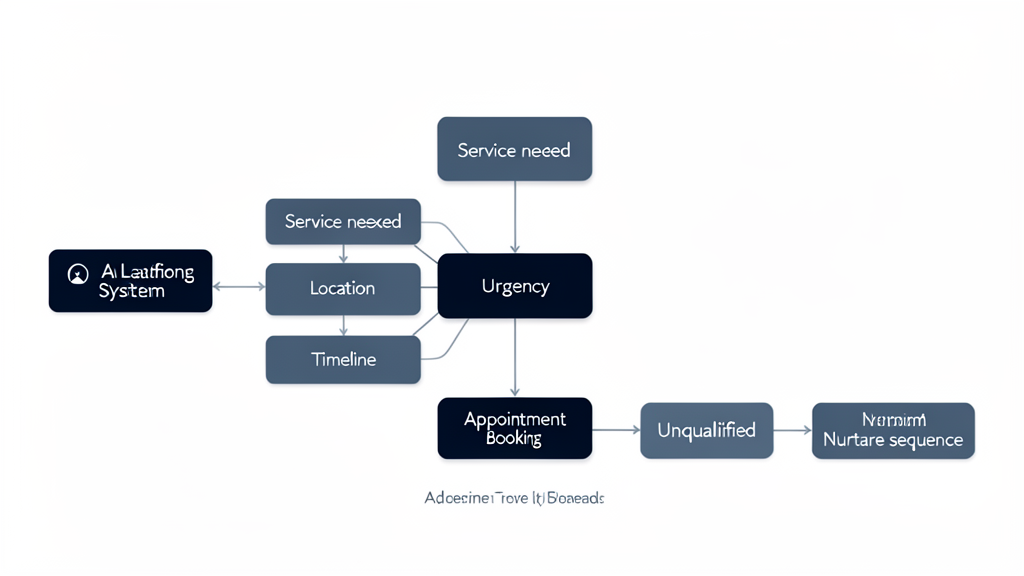 Decision-tree workflow showing incoming leads being qualified by service, location, urgency, budget, and timeline.