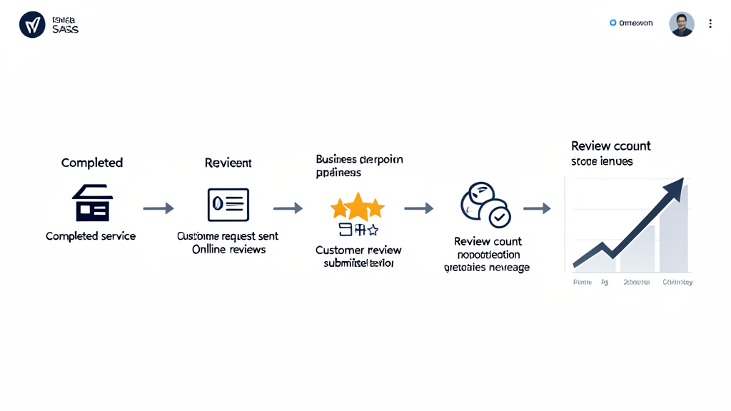 Workflow showing completed service automatically leading to review requests, five-star reviews, and rising review counts.